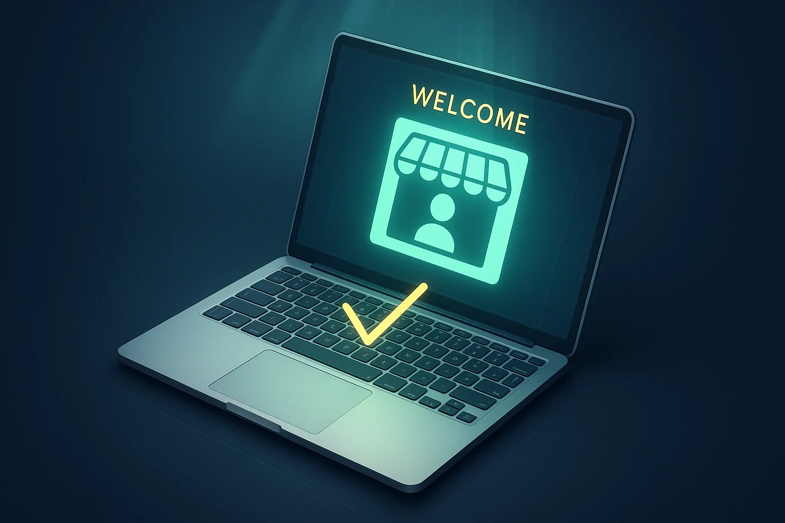 Laptop with Amazon Seller Central login screen on a dark navy surface