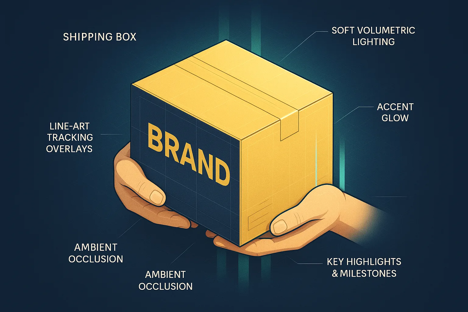 Branded shipping box held in two hands under daylight on a navy surface