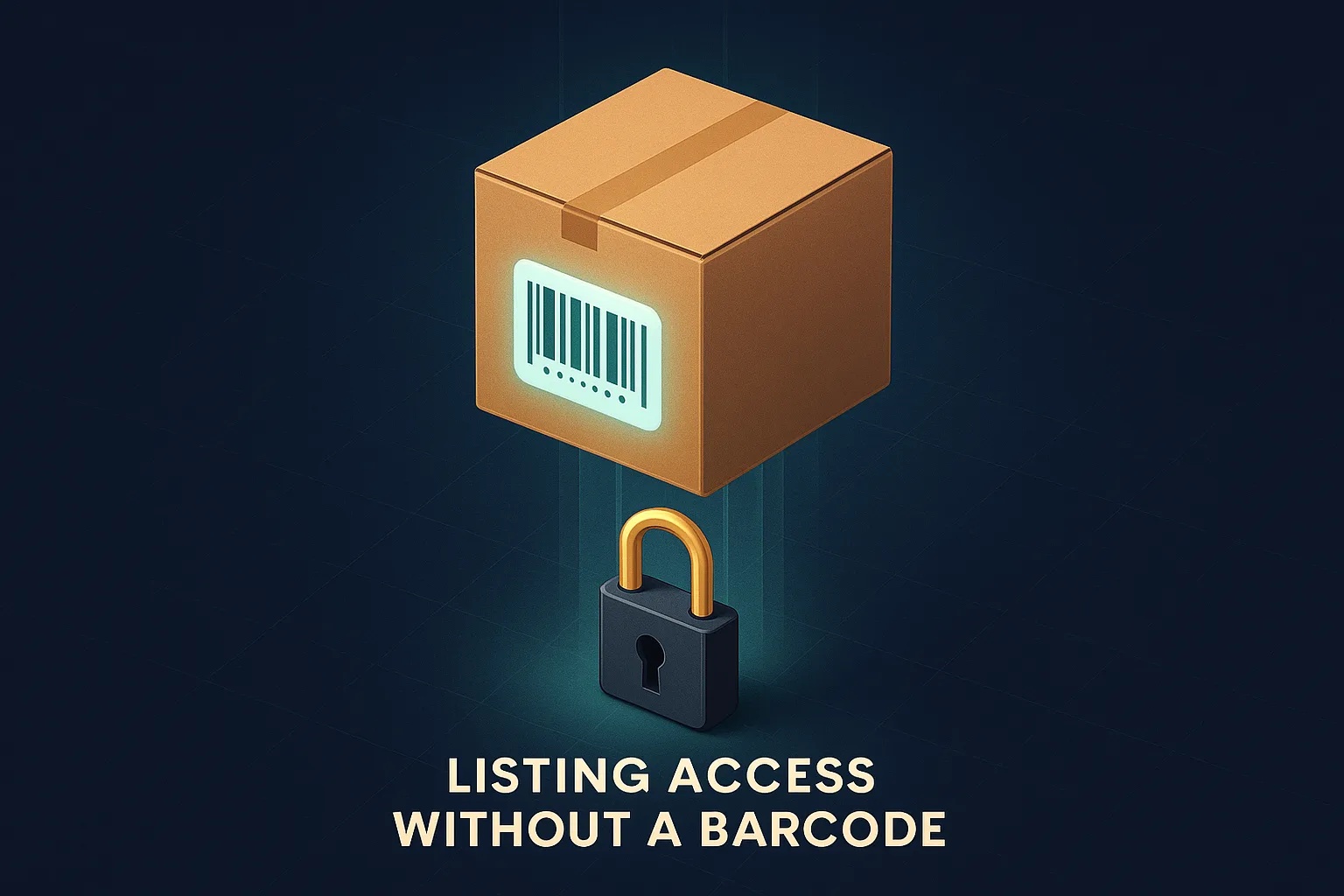 A product box with a barcode label floating above an open padlock on a navy surface