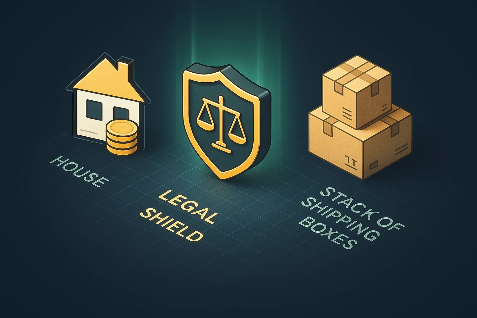 A legal shield standing between a house with savings and a stack of shipping boxes on a navy surface