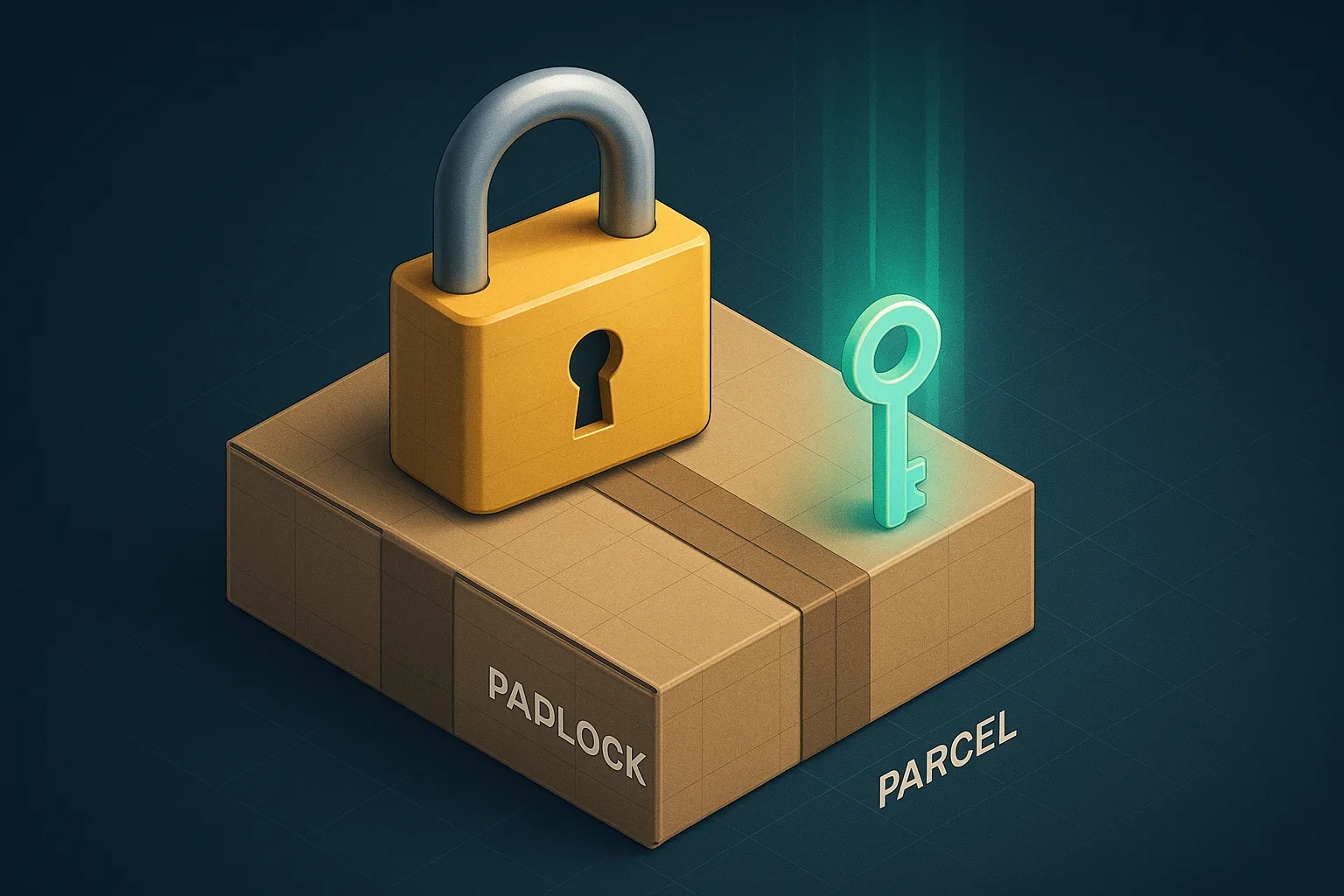 A padlock resting on a cardboard parcel with a glowing green key beside it