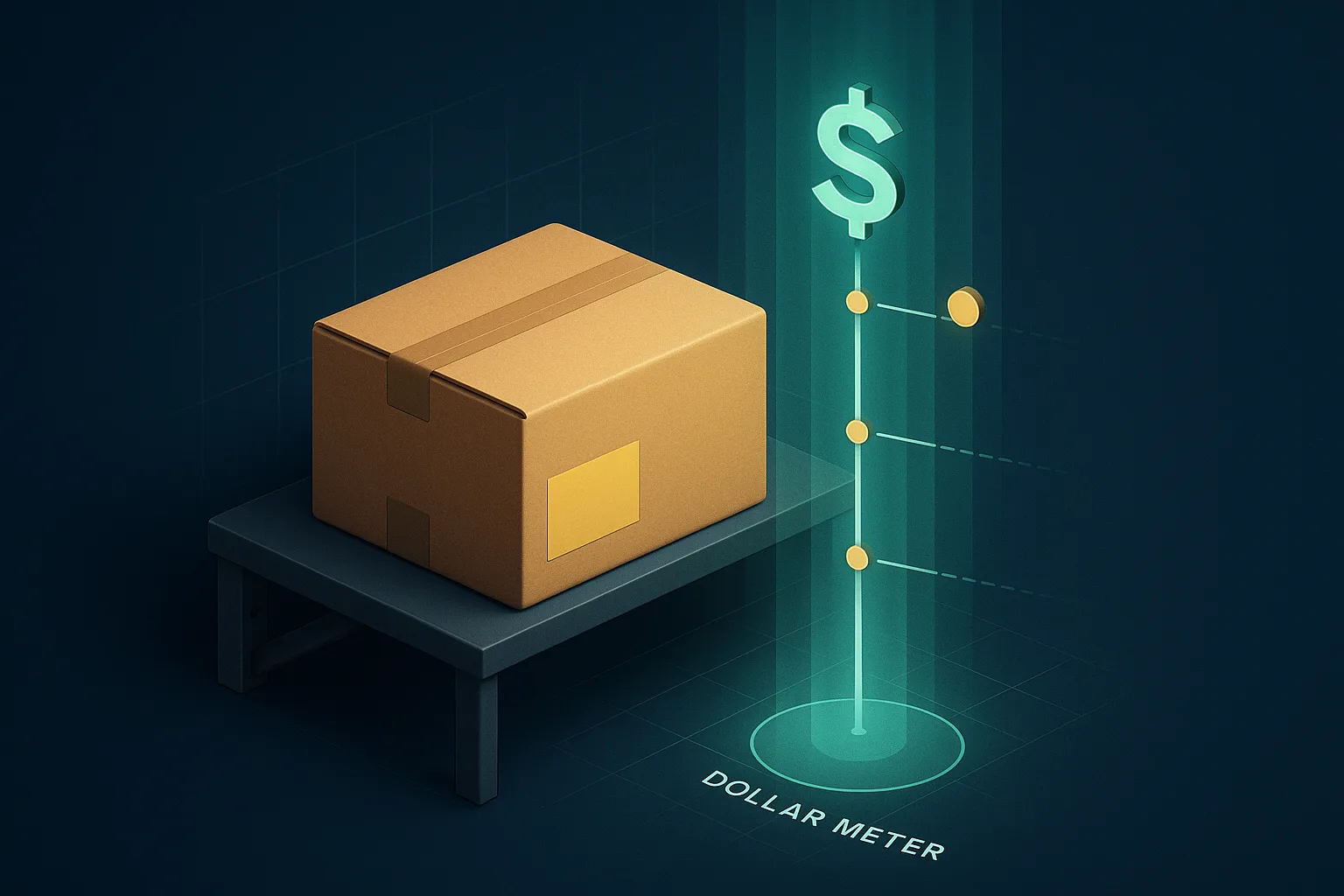 A cardboard parcel on a warehouse shelf with a rising storage cost meter beside it