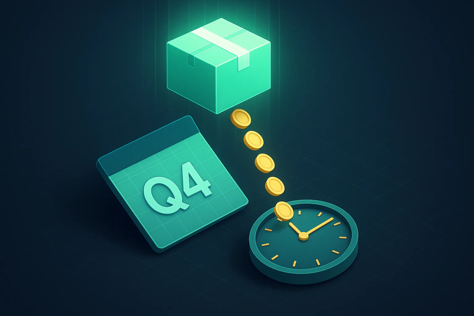 A glowing green parcel balanced on a Q4 calendar page with coins flowing out into a clock