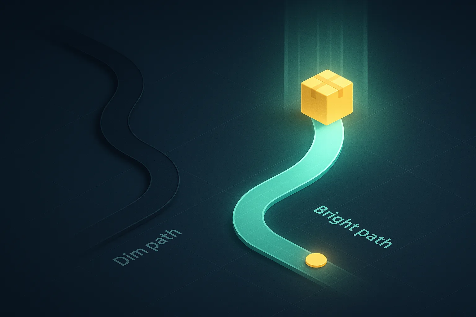 Two diverging paths, one fading into the dark and one leading to a single bright parcel