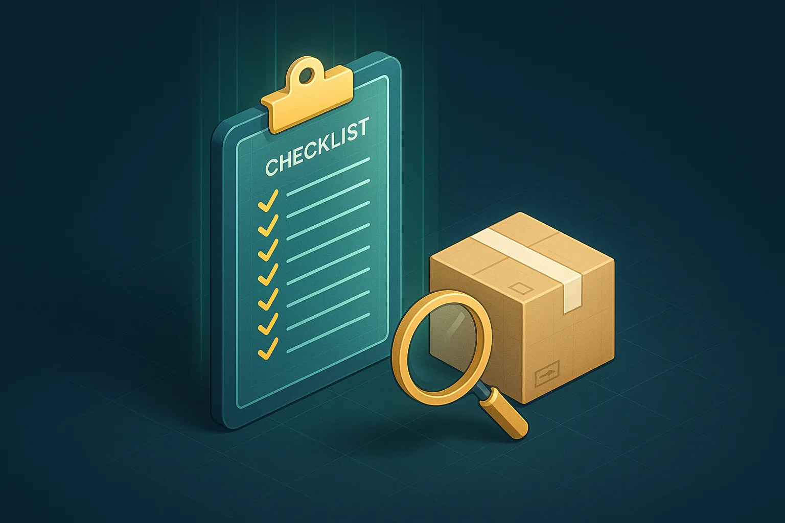 Amazon product research validation checklist with a magnifying glass over a parcel