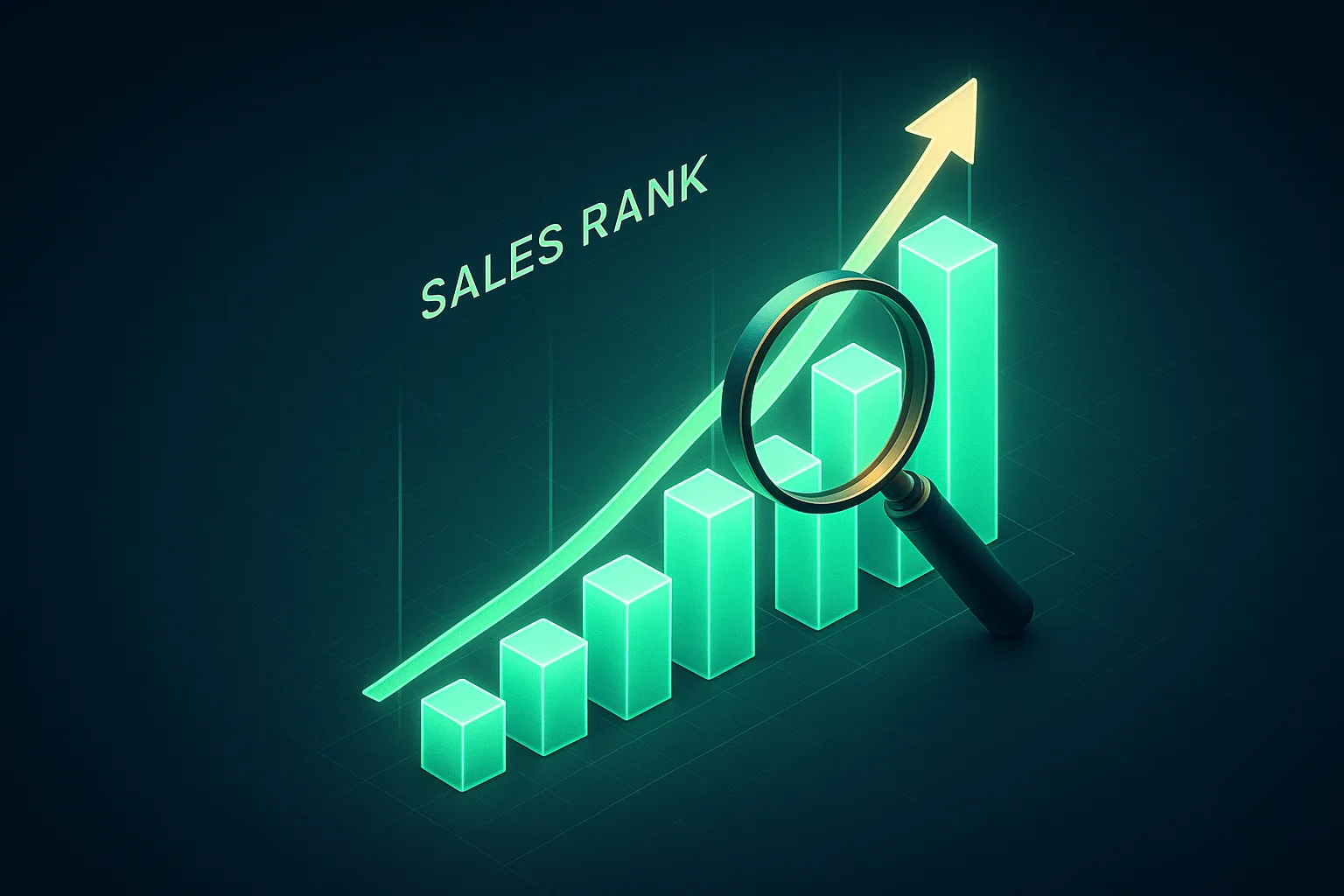 Green upward Amazon sales rank bar chart examined under a magnifying glass