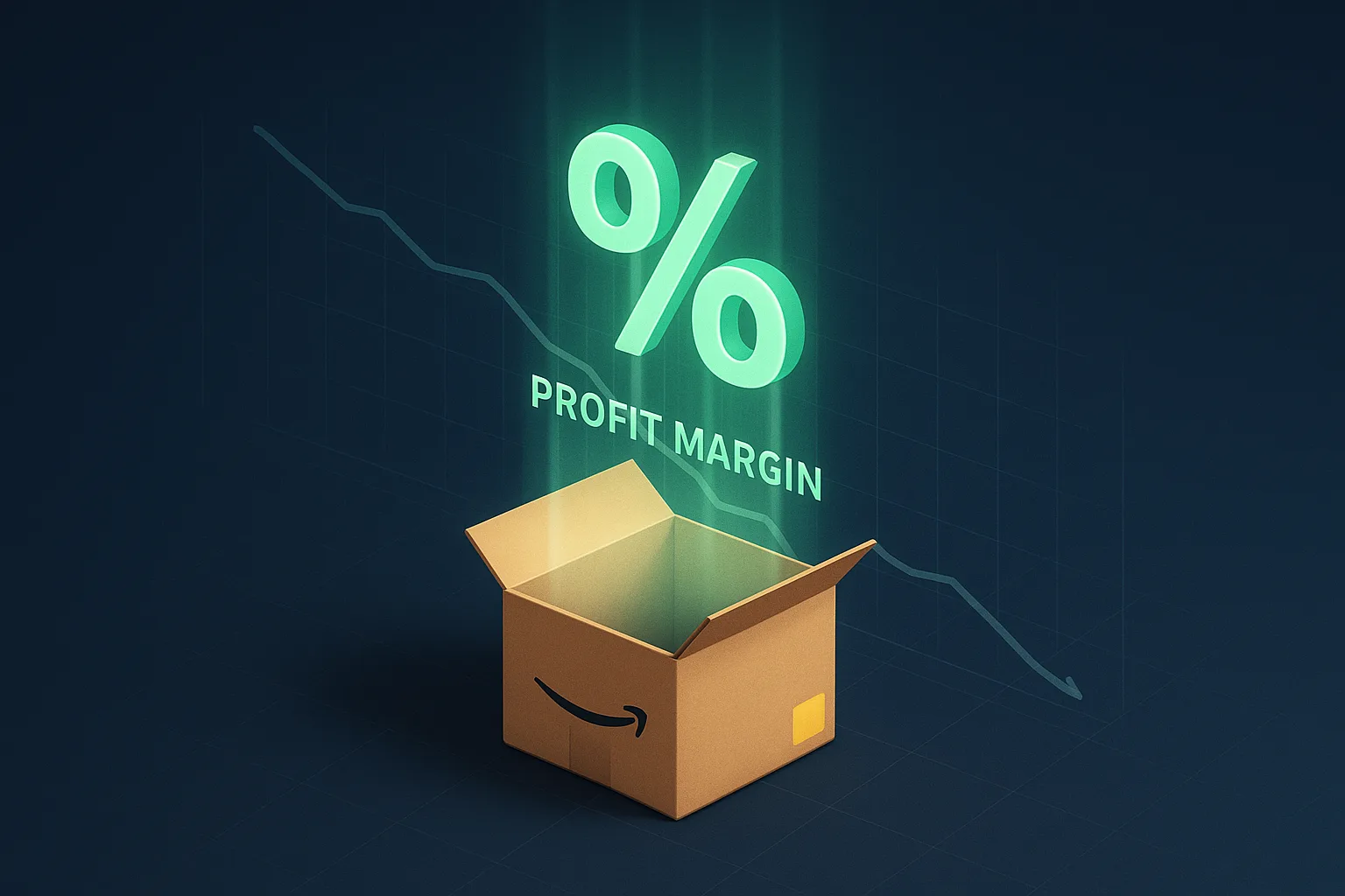 Amazon FBA profit margin concept, a cardboard parcel with a glowing green percentage symbol on a navy surface