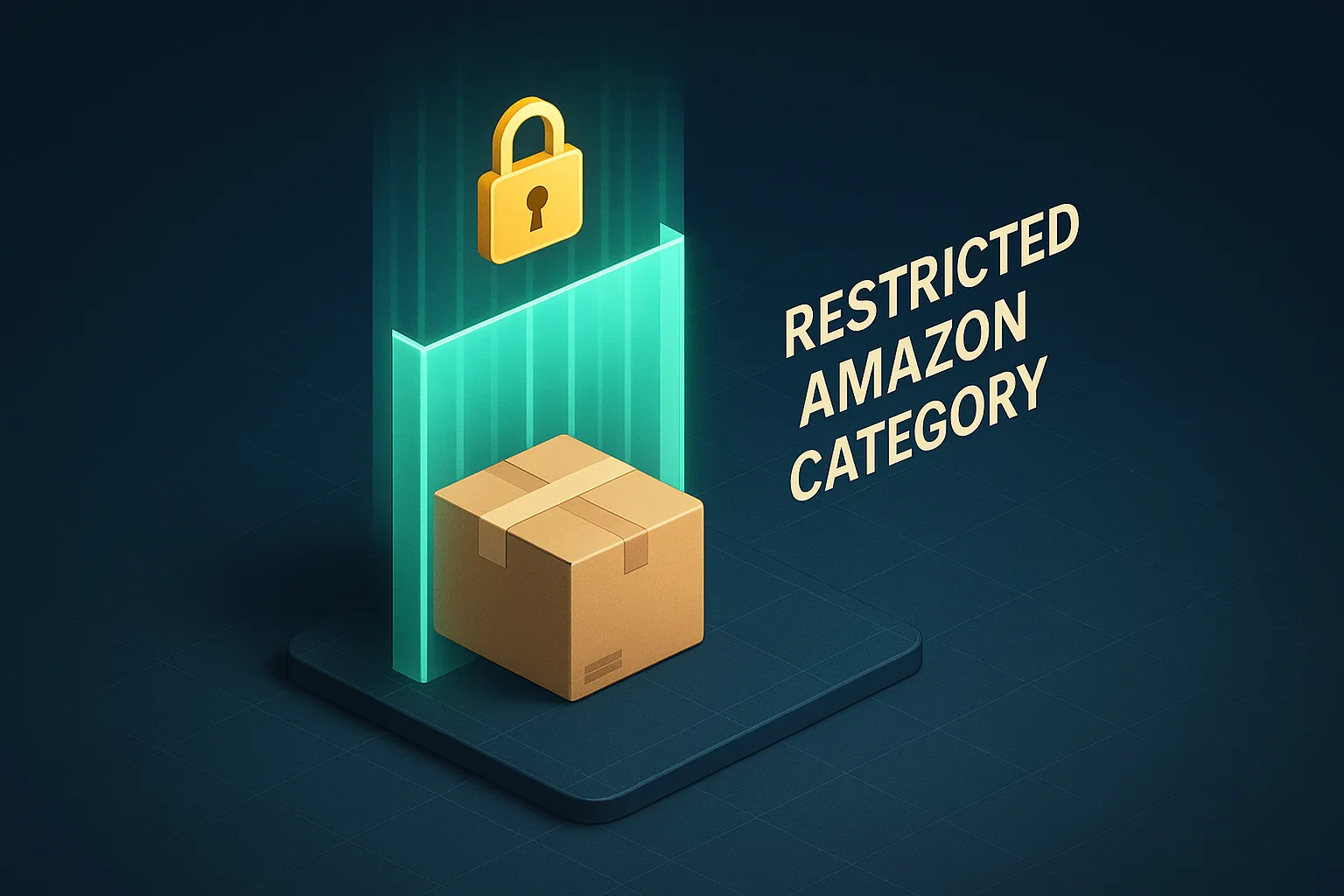 Amazon restricted categories concept, a cardboard parcel behind a glowing green gate with a padlock above it on a navy surface
