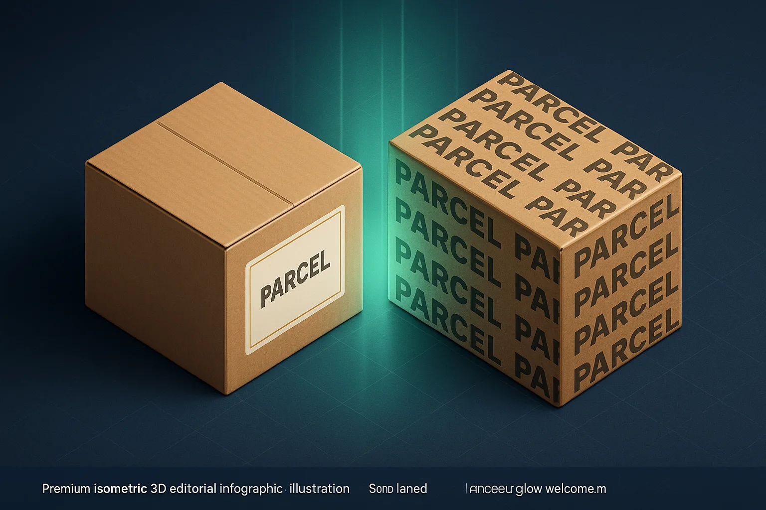 Amazon private label vs wholesale concept, two cardboard parcels side by side on a navy surface, one with a blank branded label and one already printed with existing branding