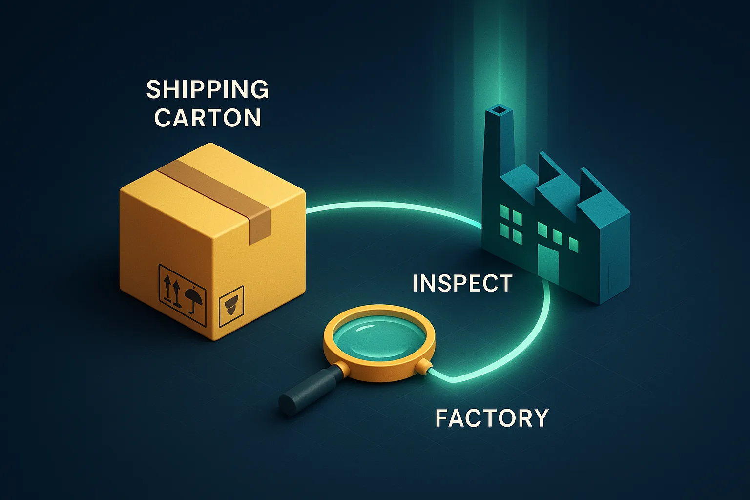 Alibaba supplier vetting concept, a shipping carton on a navy surface beside a glowing magnifying glass and a factory silhouette