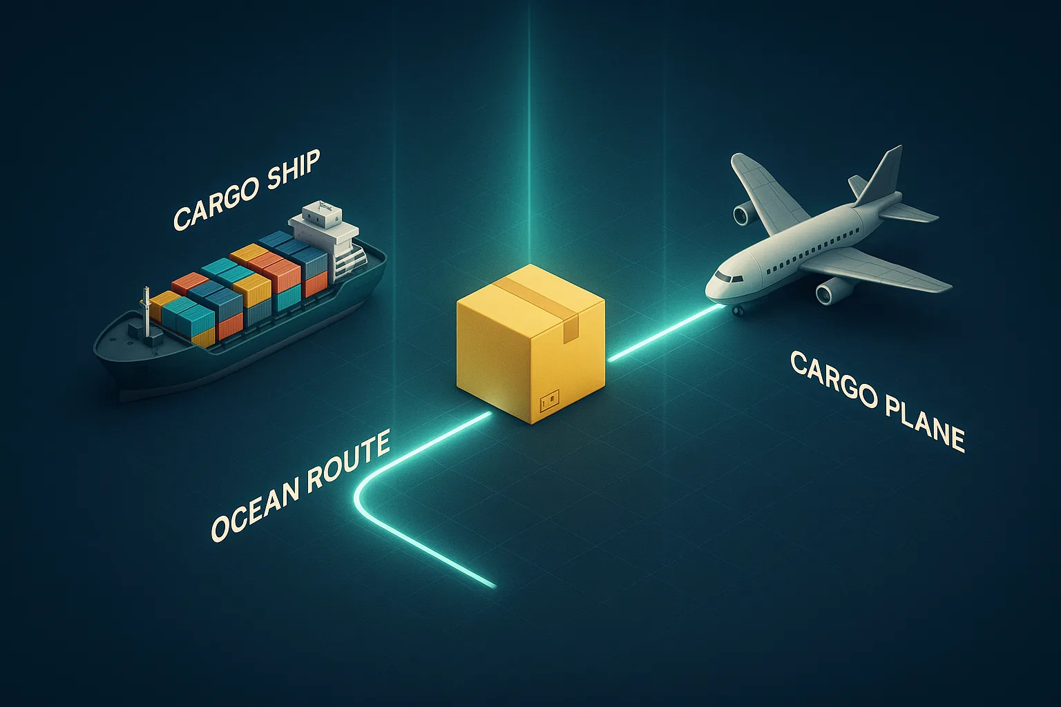 Amazon FBA shipping from China concept, a cargo ship and cargo plane either side of a glowing ocean route with a shipping carton centered between them