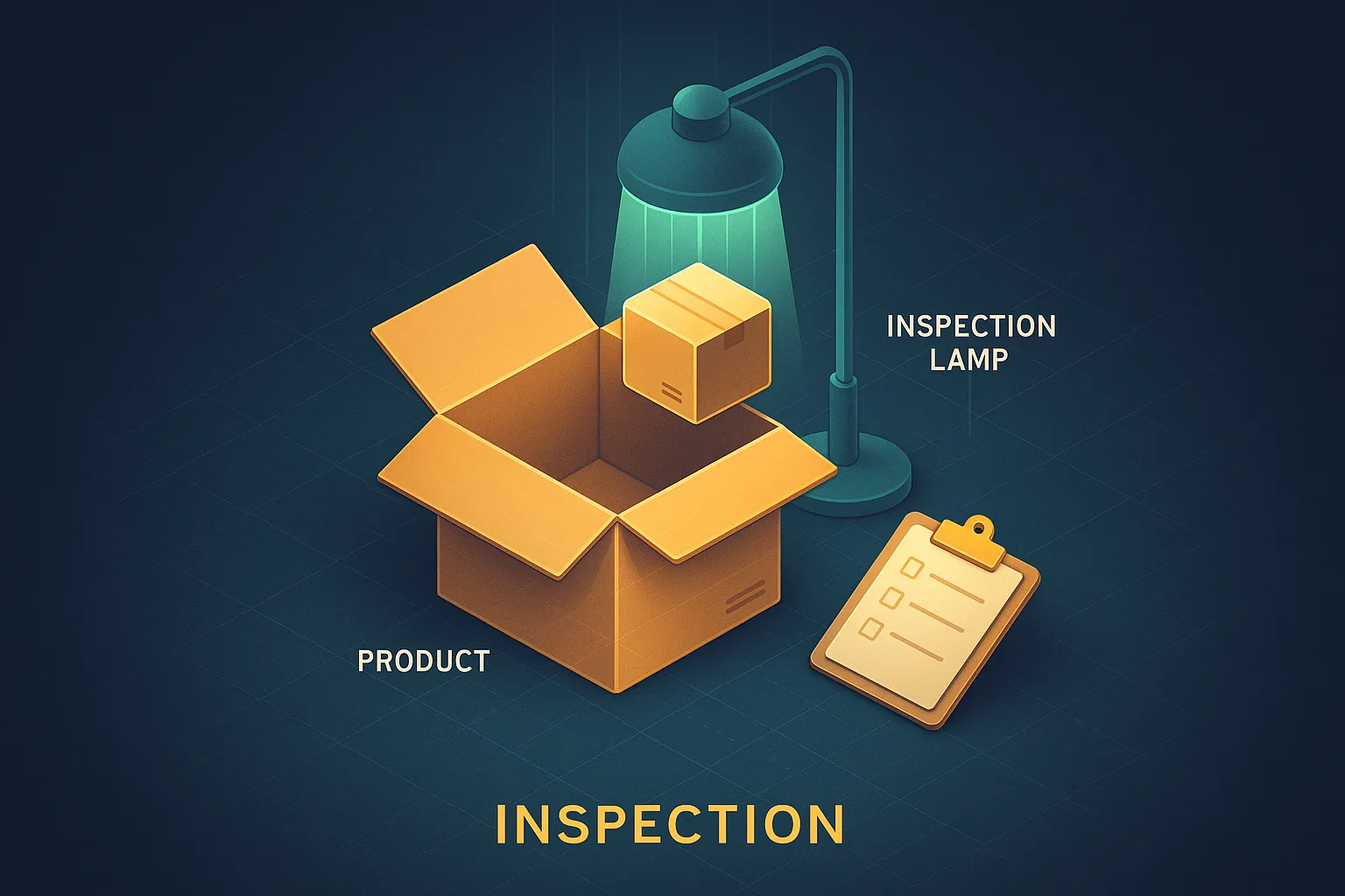 Amazon inspection services concept, an opened carton on a factory floor with one product lifted out under an inspection lamp and a clipboard resting against the carton