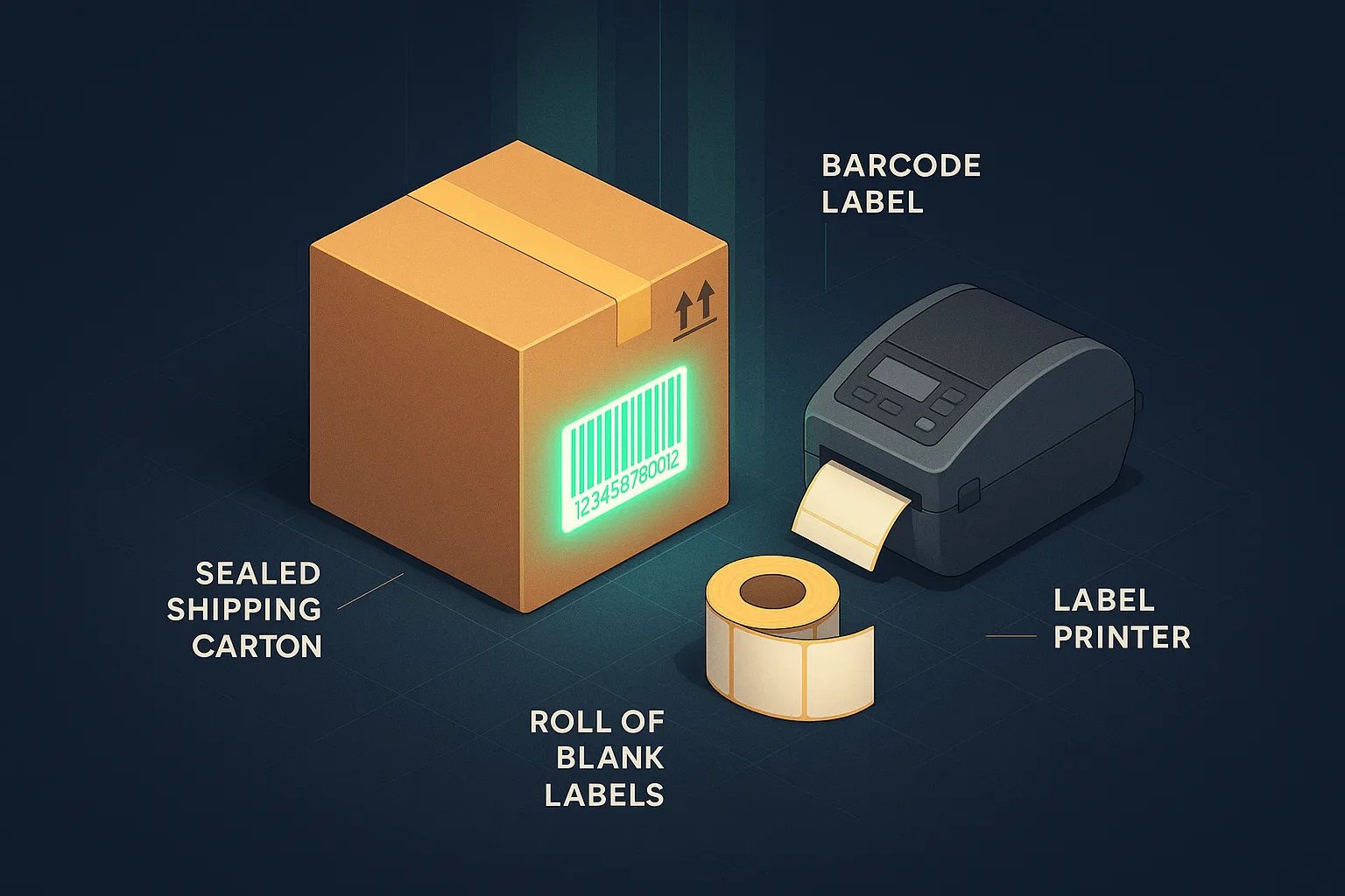 A sealed shipping carton with a barcode label on its side, beside a label printer in a warehouse