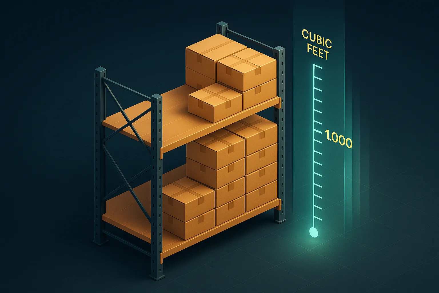 A warehouse shelf half empty and half stacked with brown cartons beside a glowing cubic feet measuring scale