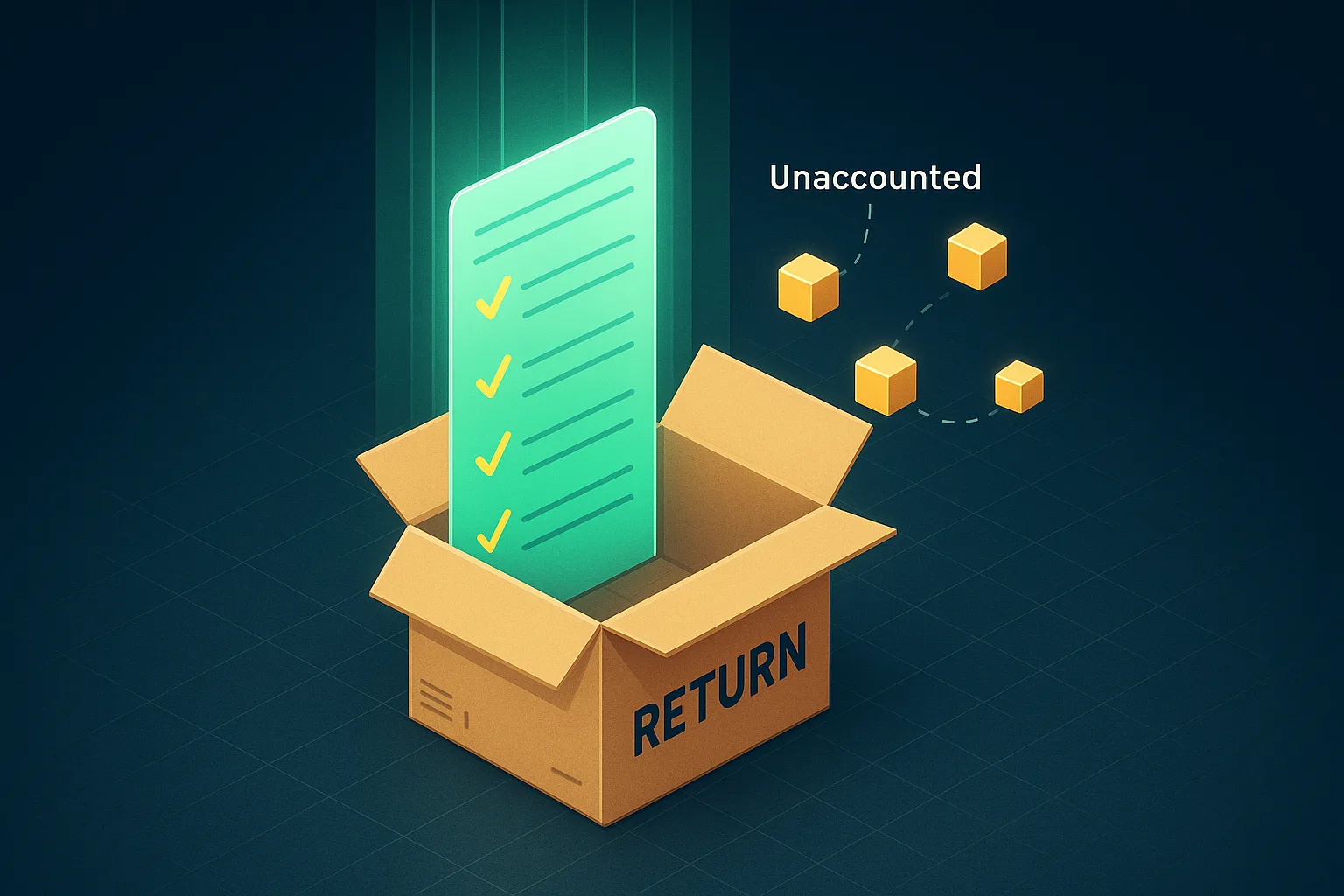 An open cardboard return box on a warehouse floor with a glowing ledger sheet rising out of it and small cubes drifting away unaccounted