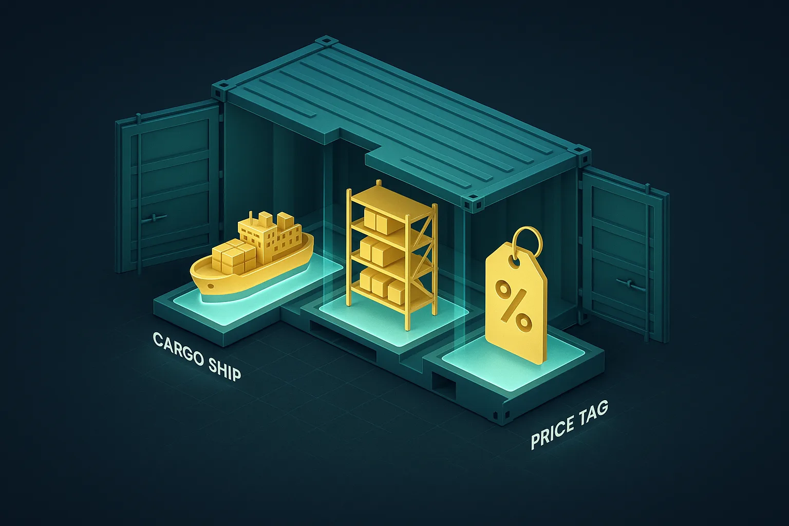 A shipping container split open showing three separate glowing compartments holding a cargo ship, a warehouse rack, and a price tag