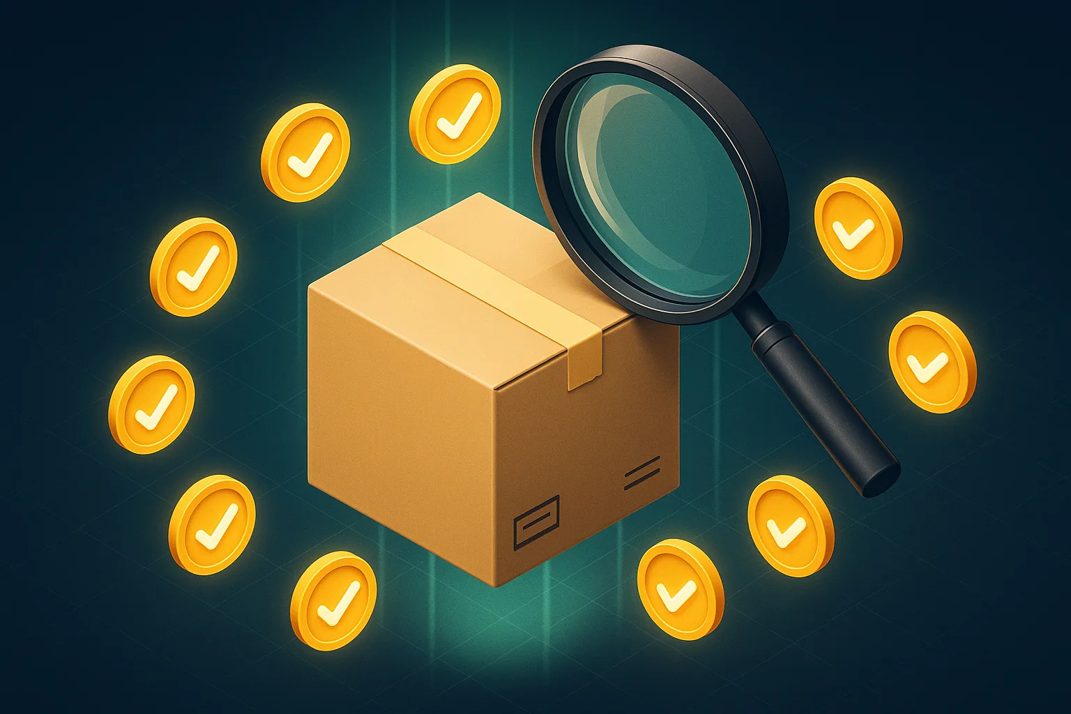 Nine-point Amazon listing optimization audit checklist with a magnifying glass over a parcel