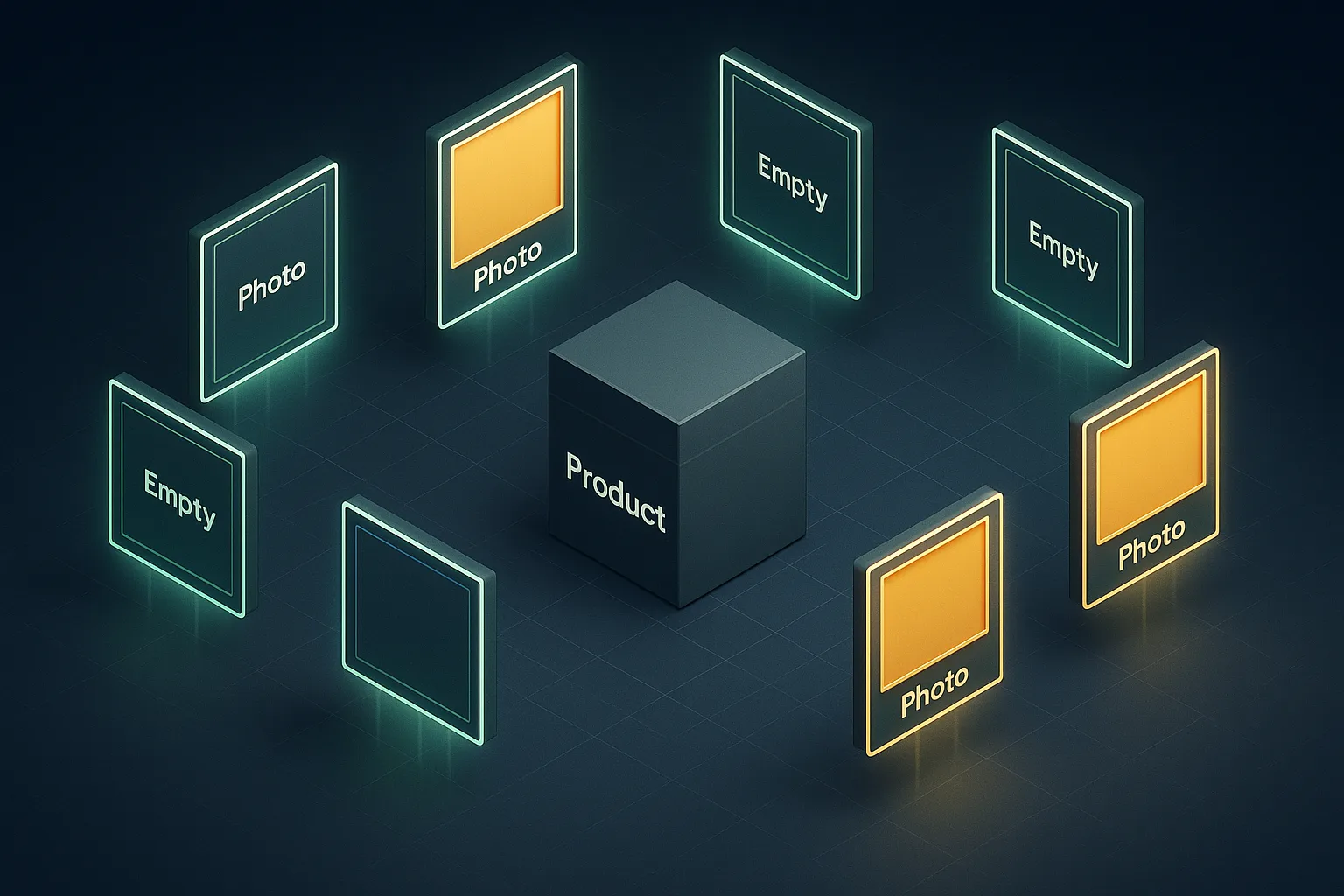 Seven glowing photo frames arranged around a product box with only three of them filled