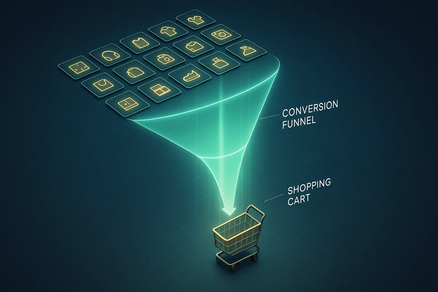 A glowing funnel narrowing from a grid of product thumbnails down to a single shopping cart