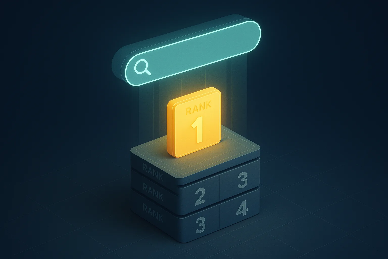 A glowing search bar floating above a stack of numbered rank cards with one card lit brighter than the rest