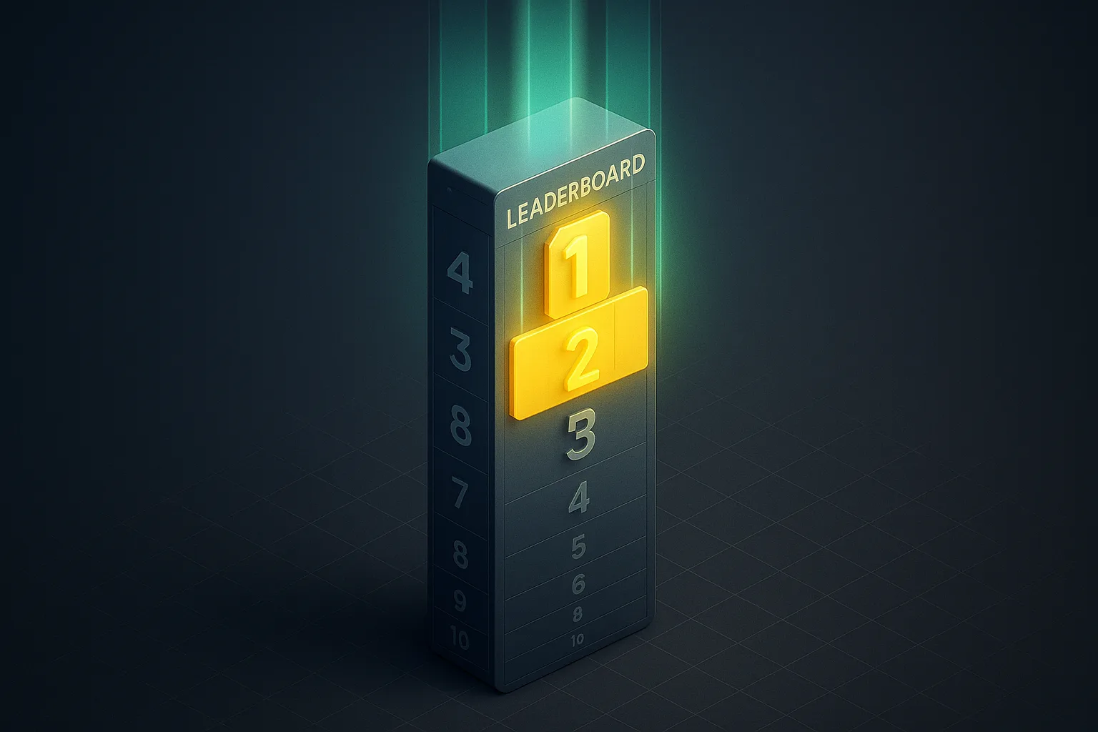 A tall vertical leaderboard column with the top three positions glowing and the lower positions fading into darkness
