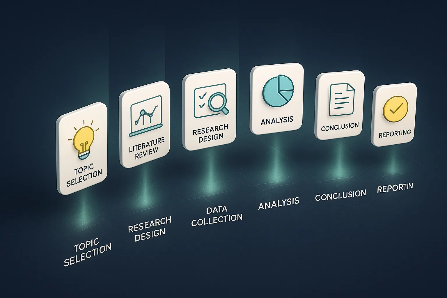 Seven small floating cards arranged in a horizontal arc, each holding a simple icon for one research step