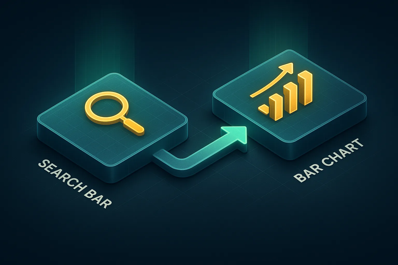 Two side by side glowing tiles, the left one showing a search bar icon and the right one showing a bar chart icon