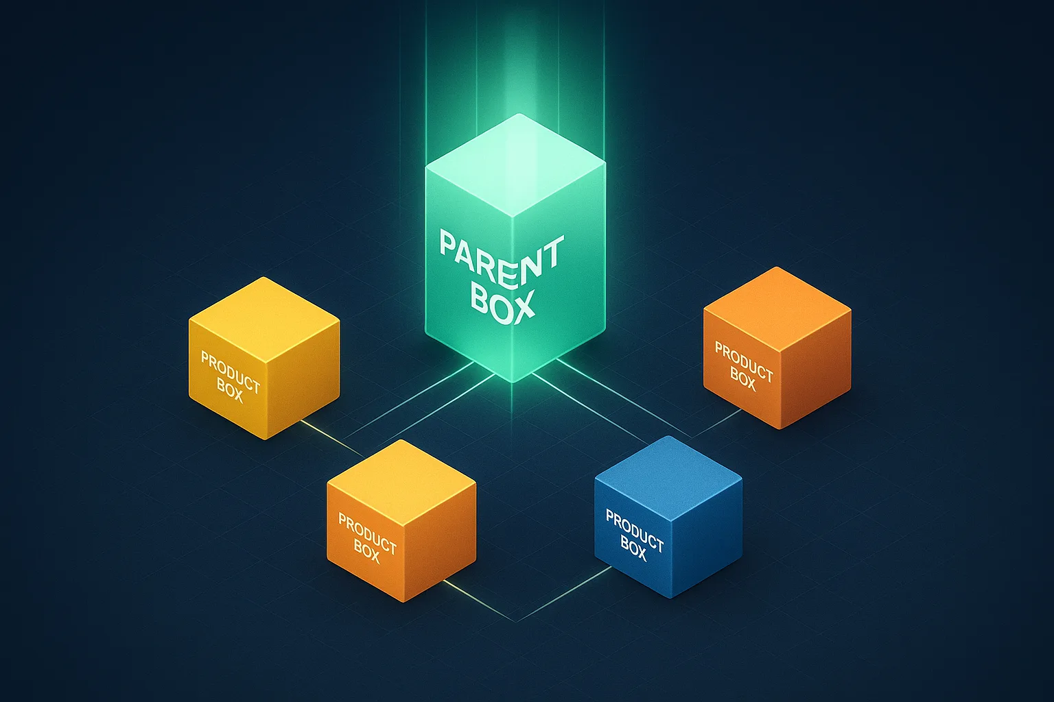 A glowing parent box on a navy surface linked by thin light lines to four smaller colored product boxes