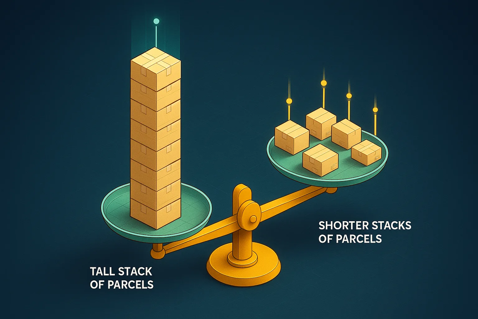 A balance scale with a single tall stack of parcels on one side and five short scattered stacks on the other side