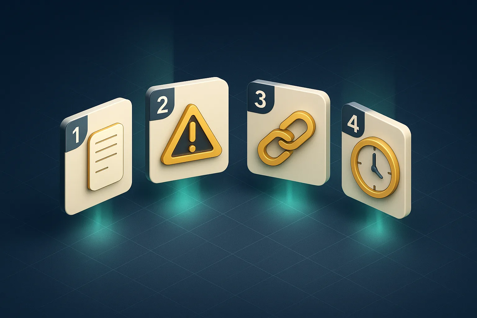 Four floating numbered cards in a horizontal arc, holding a blank form icon, a warning triangle icon, a linked chain icon, and a clock icon