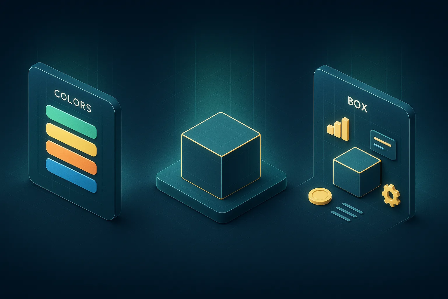 Three side-by-side glowing tiles, one showing a row of color swatches, one showing a single standalone box