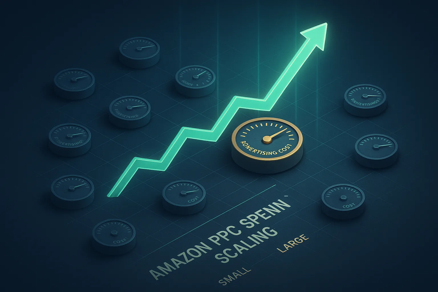Amazon PPC ad spend chart with a green growth arrow climbing over a grid of advertising cost dials