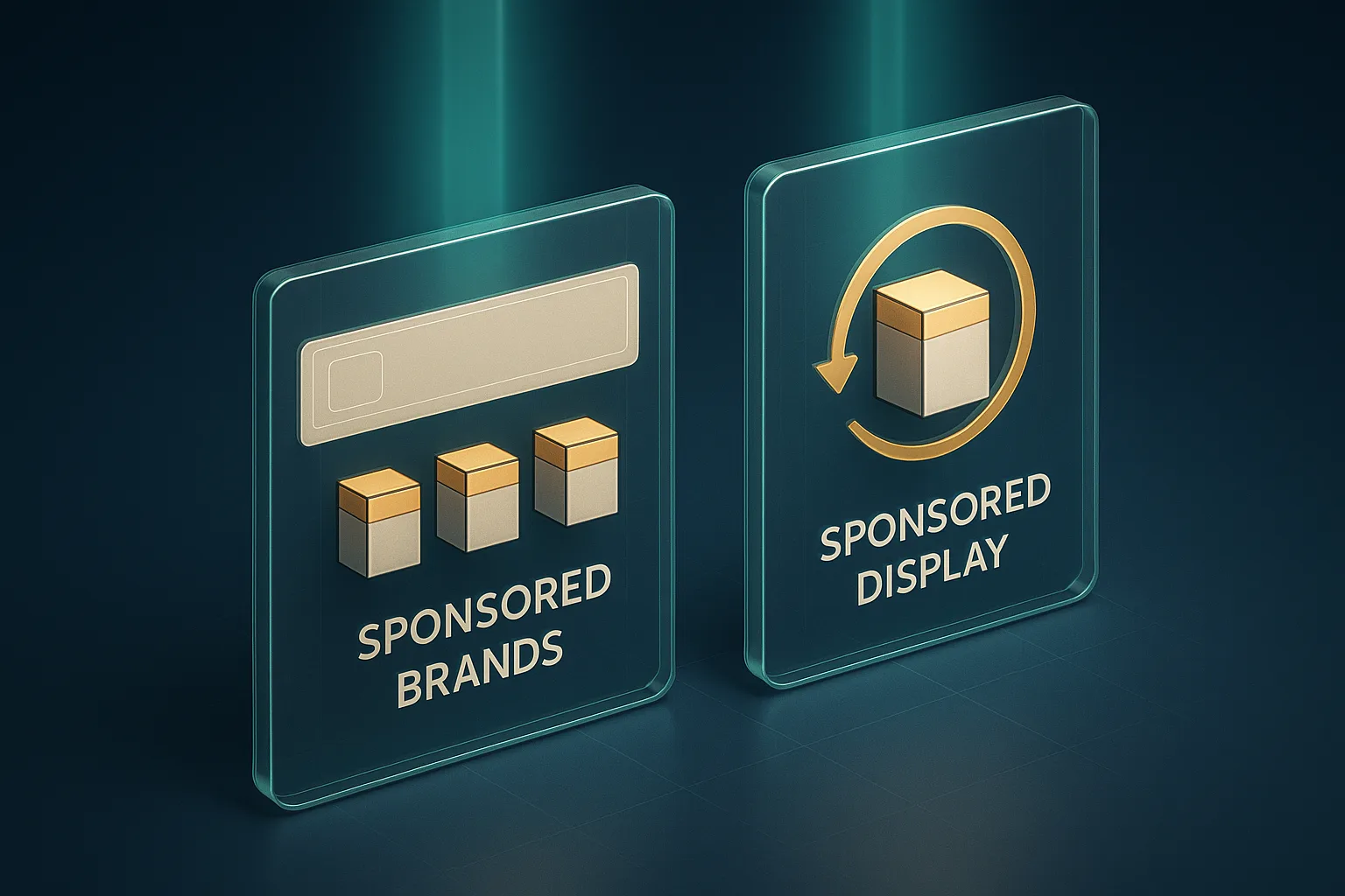Two floating glass panels, one showing a brand banner with three product boxes and the other a single product box with a return arrow