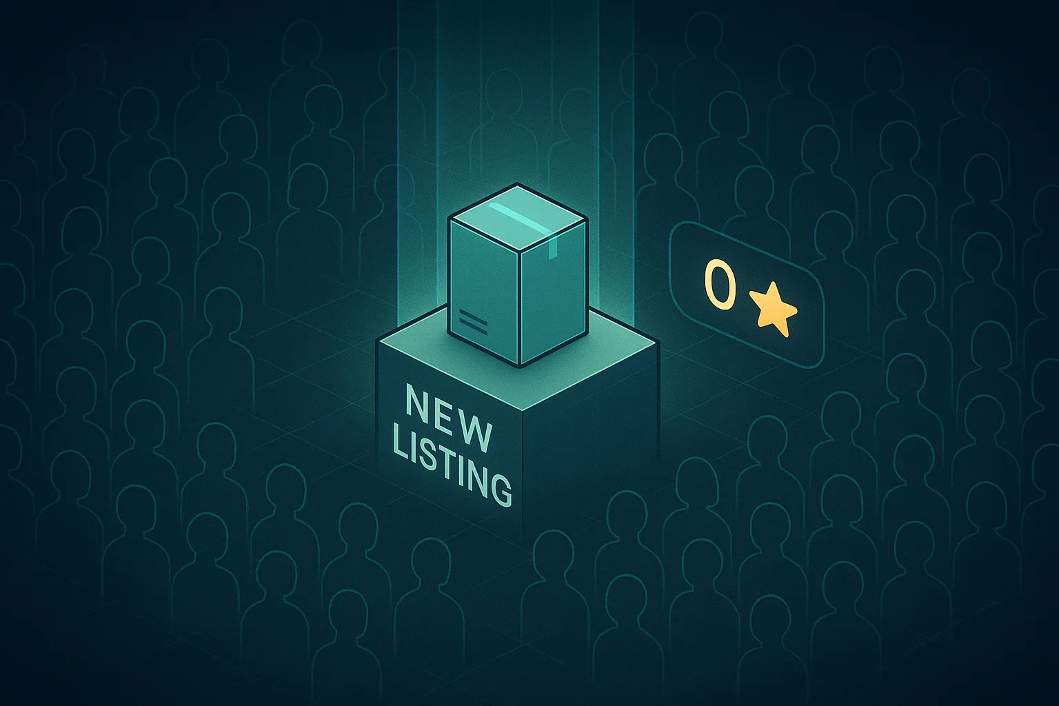 A single small product box on a pedestal with an empty dim audience of outlined figures around it and a small growing review-star counter be