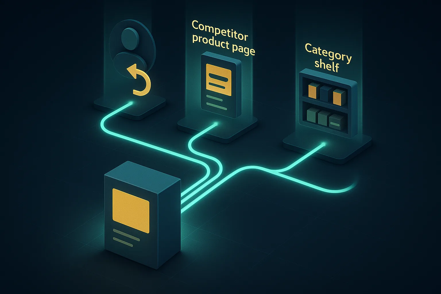 A branching path diagram of glowing lines leading from one product box to three target zones (a person silhouette with a return arrow