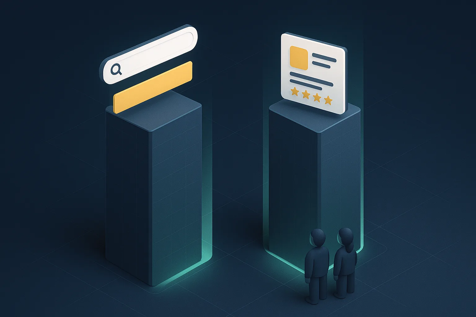 Two tall comparison pillars on a navy surface, one topped with a search bar and a wide banner