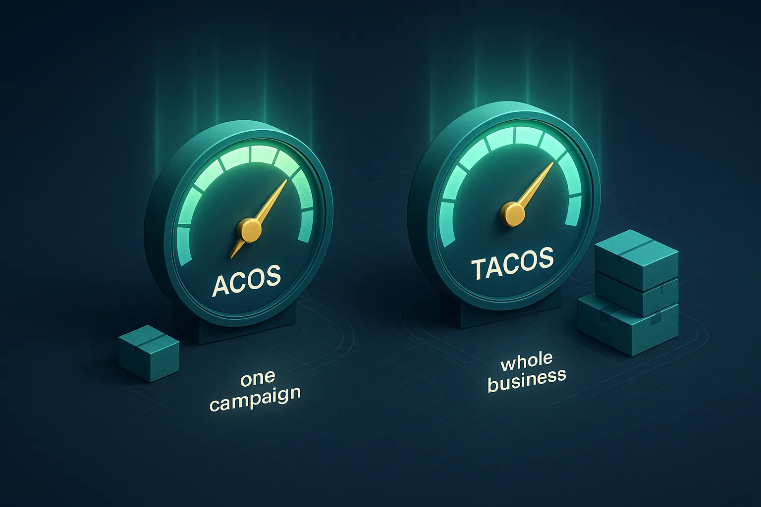 Two glowing gauges side by side, one beside a single product box and one beside a larger stack of product boxes