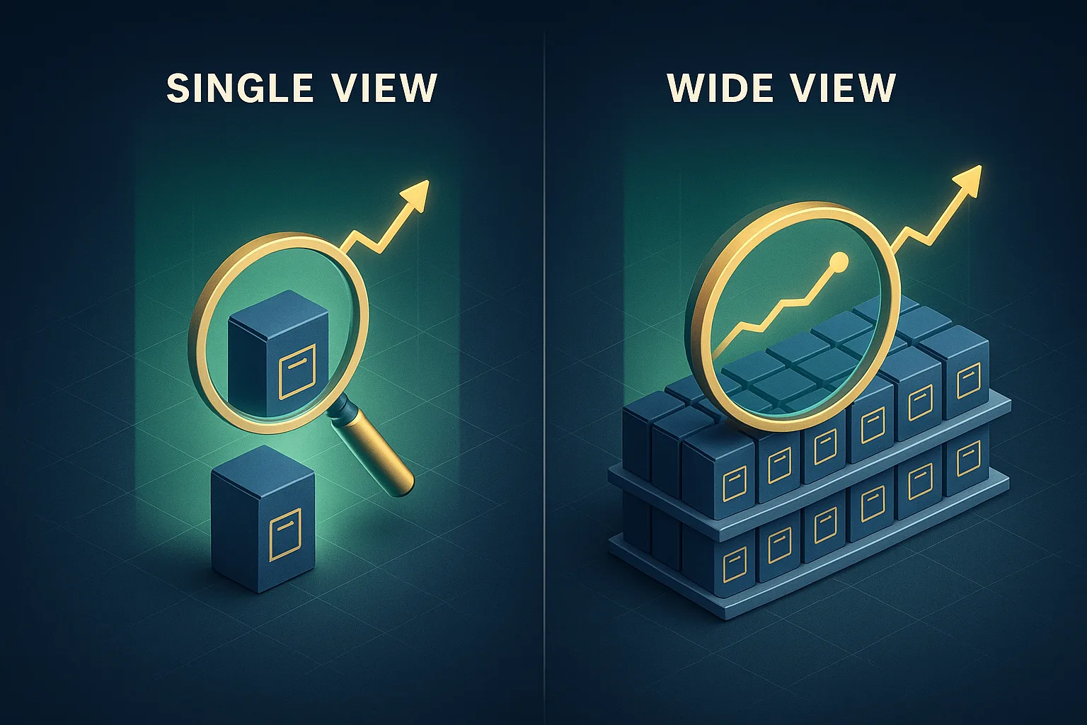Two tall comparison tiles side by side, one showing a single magnifying glass over one product box and the other showing a wide view over a