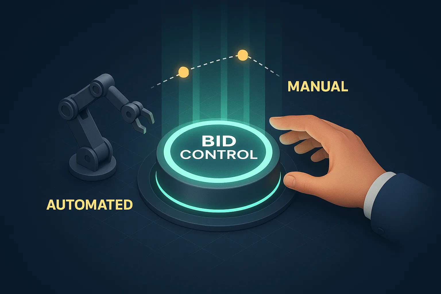 A glowing control dial with a robotic arm on one side and a human hand on the other