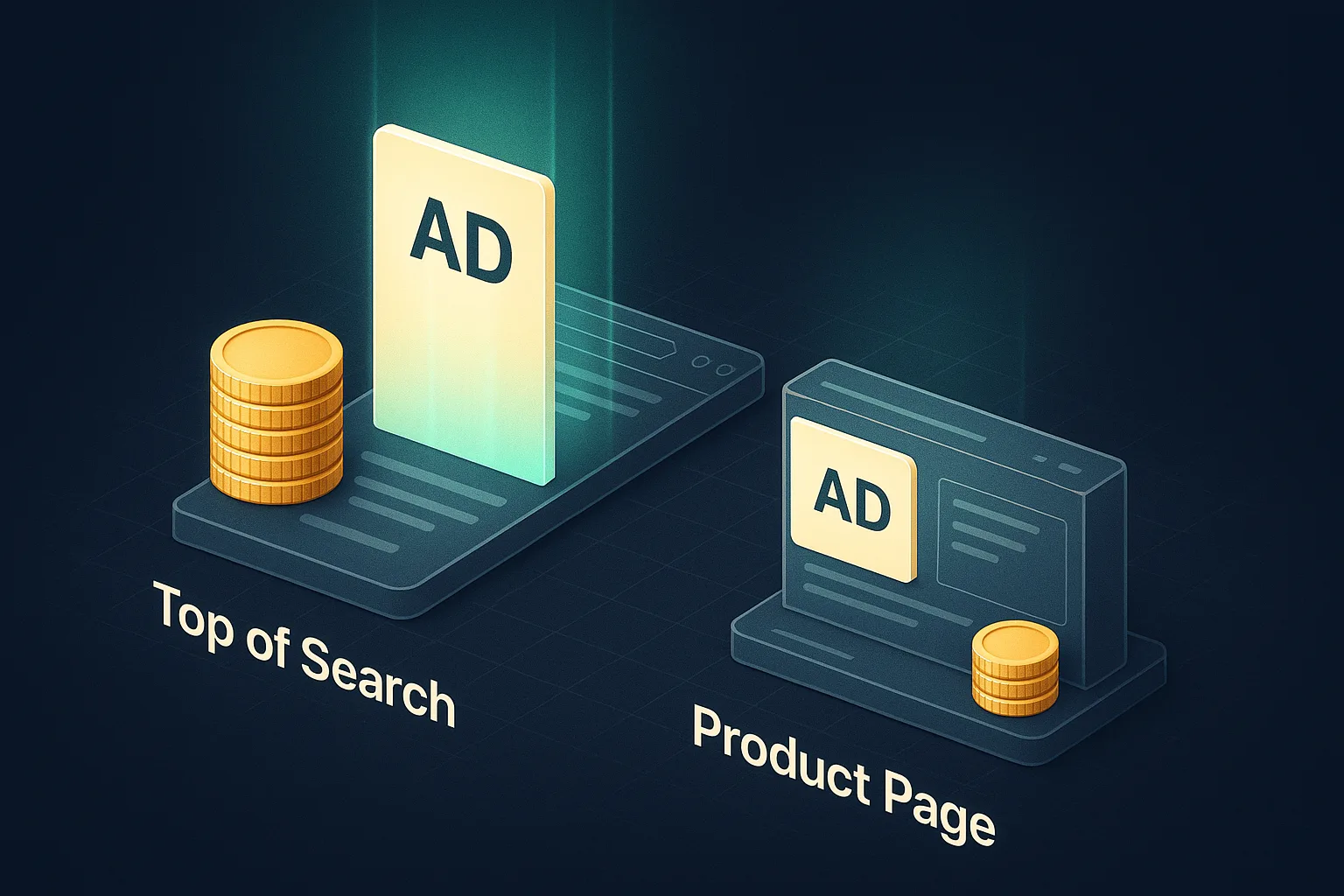 Two ad placement tiles side by side, a tall bright tile at the top of a stylized search results page with a large coin stack beside it and a