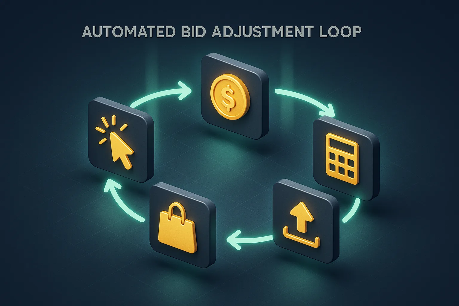 A circular loop of five floating cards connected by glowing arrows, showing a click icon, a coin icon, a shopping bag icon