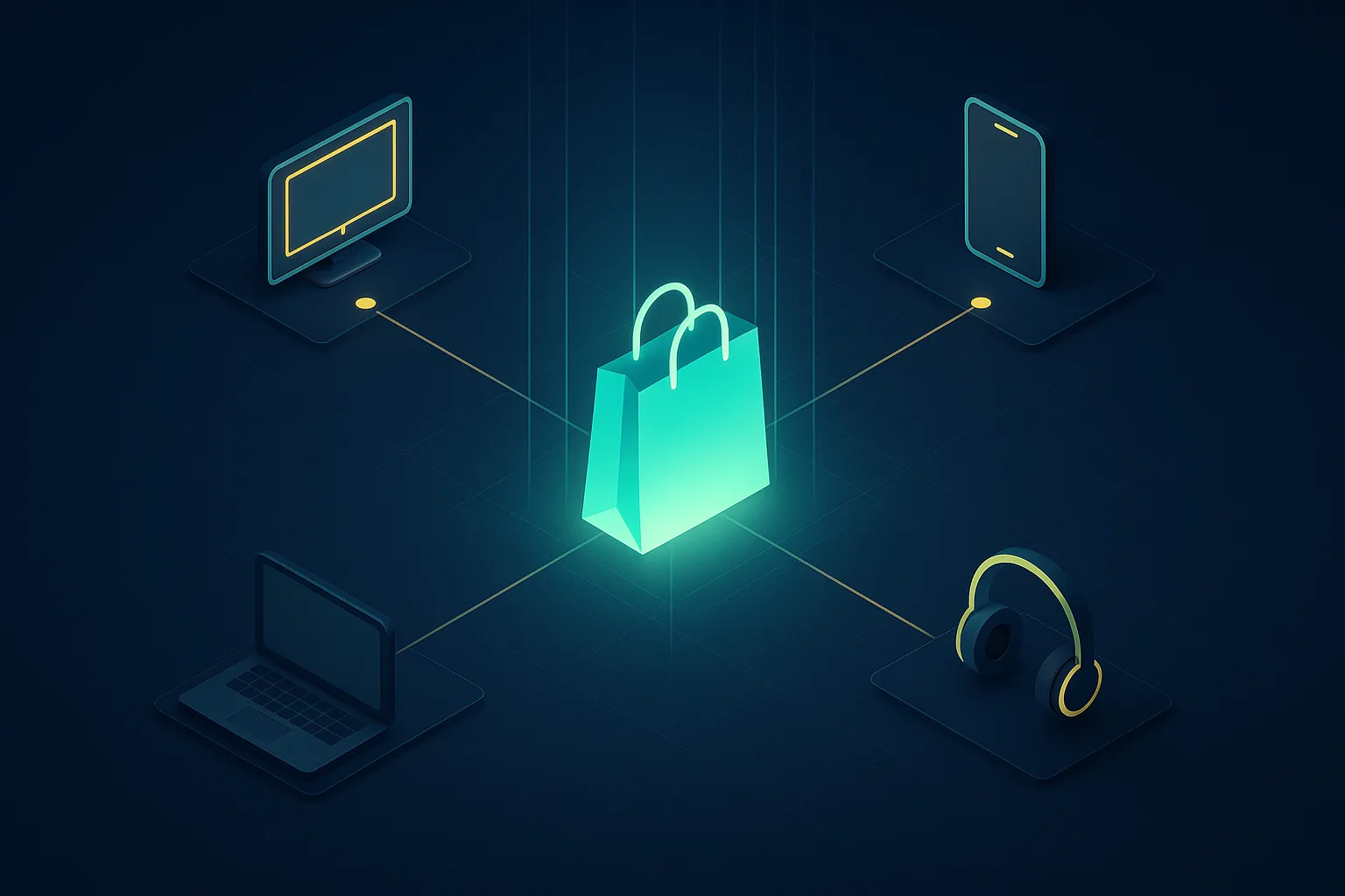 A glowing parcel on a navy surface with light lines reaching out to a television, a phone, a laptop, and headphones