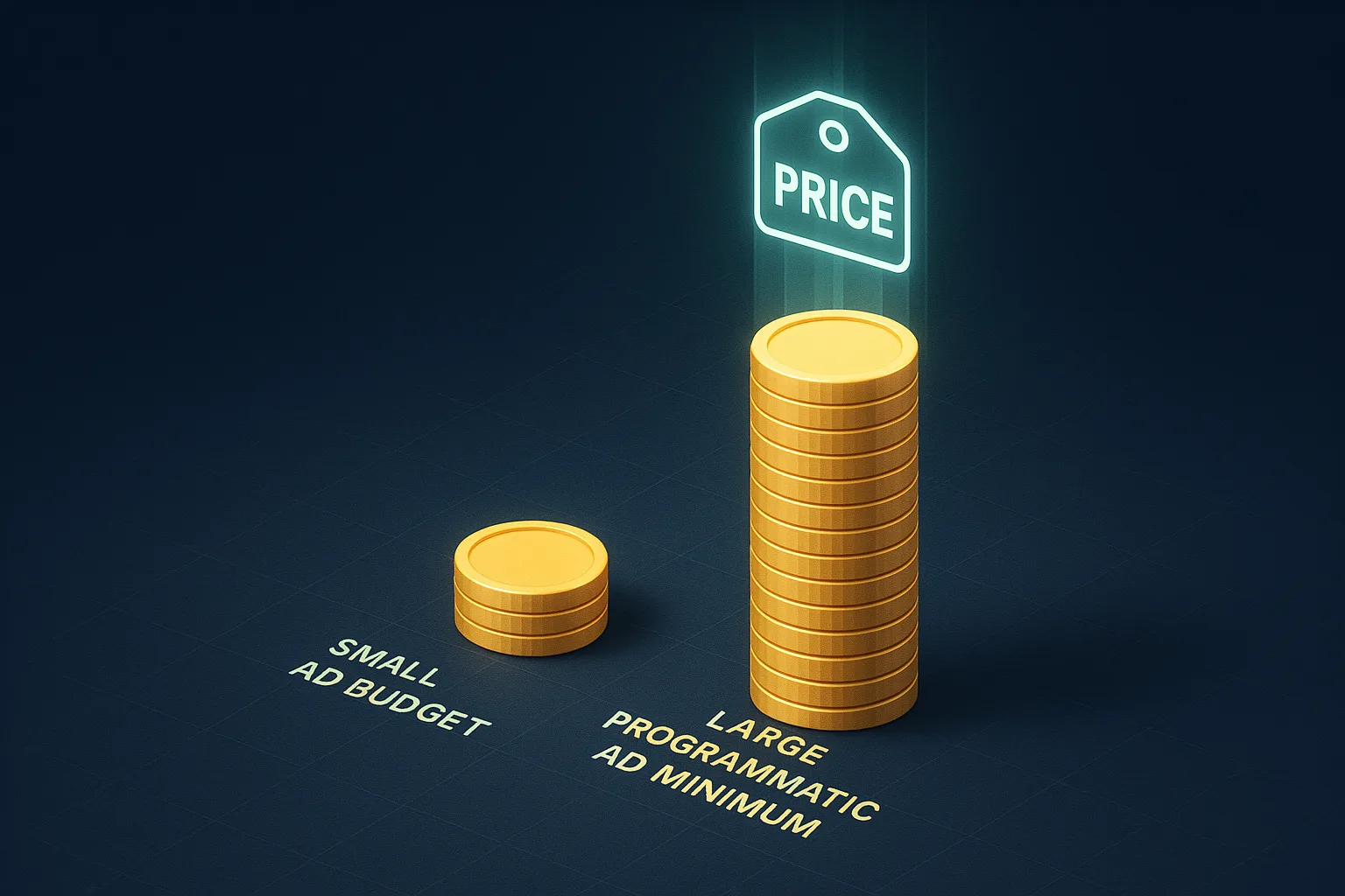 A small coin stack beside a tall stack of coins on a navy surface, with a thin glowing price tag floating above the tall stack