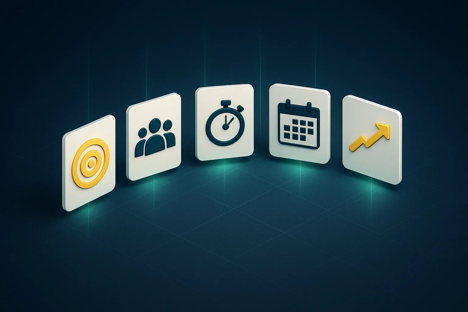 Six floating numbered cards in a horizontal arc, showing a target icon, a group of people icon, a stopwatch icon, a calendar icon