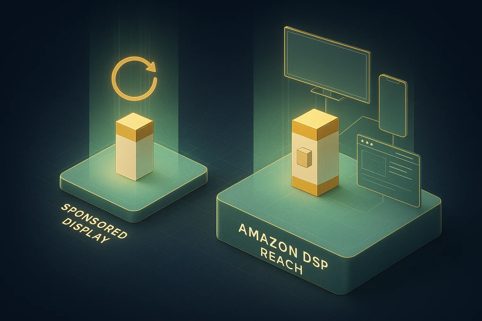 Two side by side glowing tiles, a smaller tile with a single product box and a simple retargeting loop arrow
