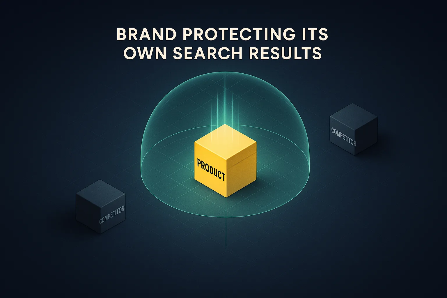 A glowing product box inside a translucent shield dome on a navy surface, with two dim competitor boxes outside it