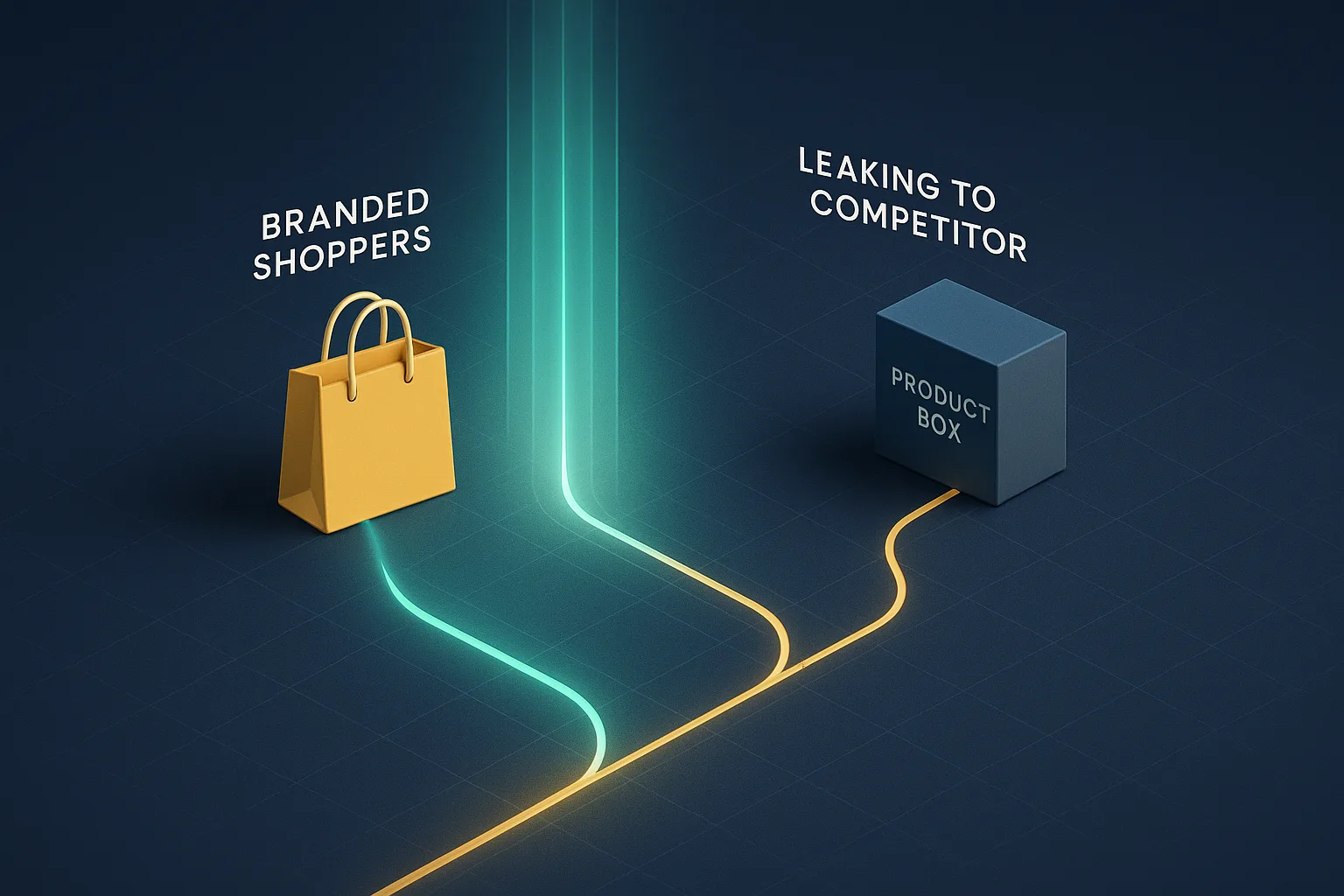 A small shopping bag on a navy surface with a thin glowing path leading toward it