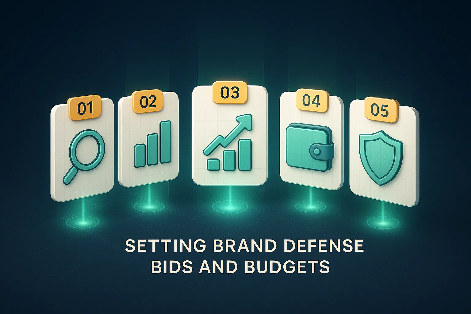 Five floating numbered cards in a horizontal arc, showing a magnifying glass icon, a bar chart icon, an upward arrow icon, a wallet icon