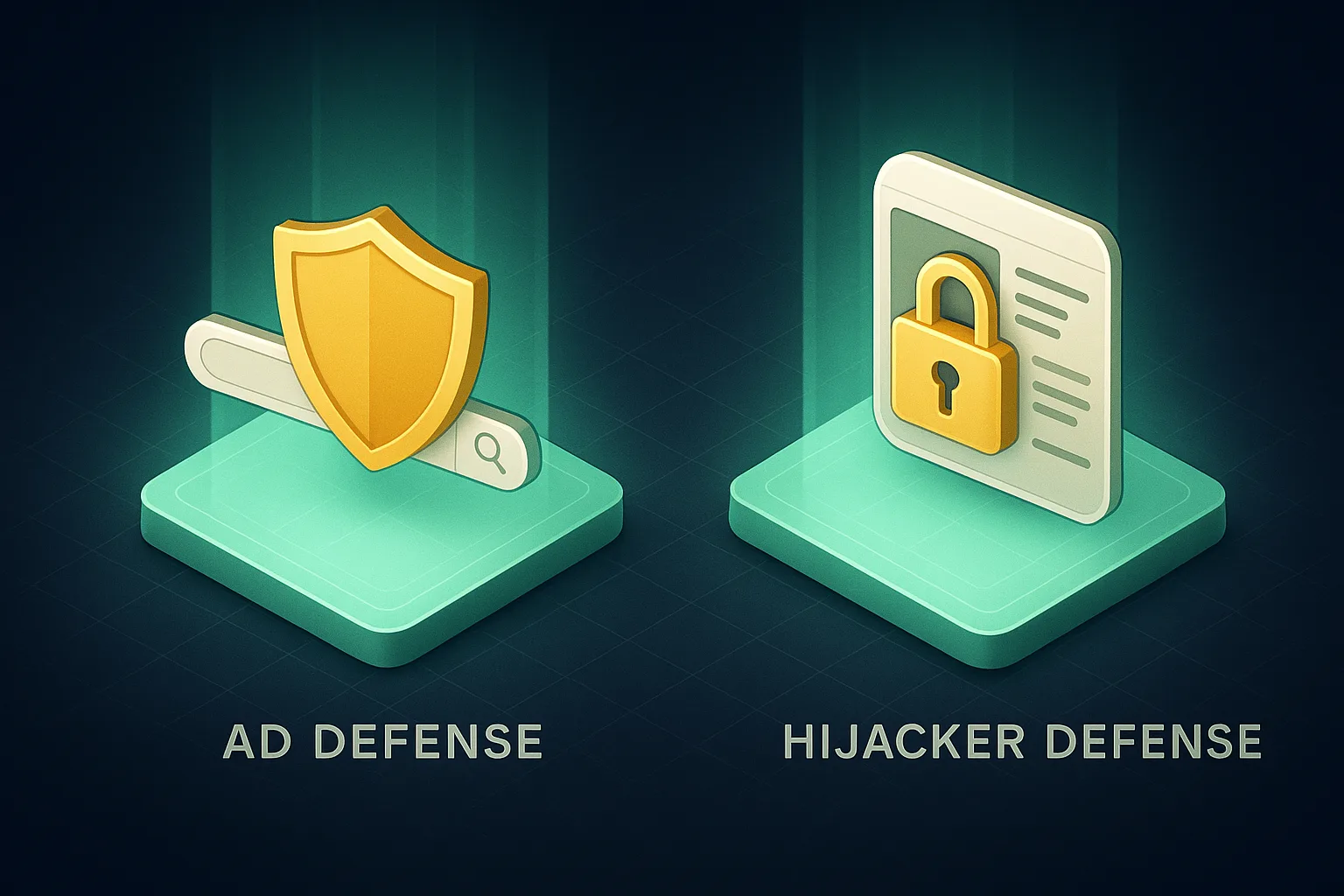 Two side by side glowing tiles, one tile with a shield in front of a search bar representing ad defense