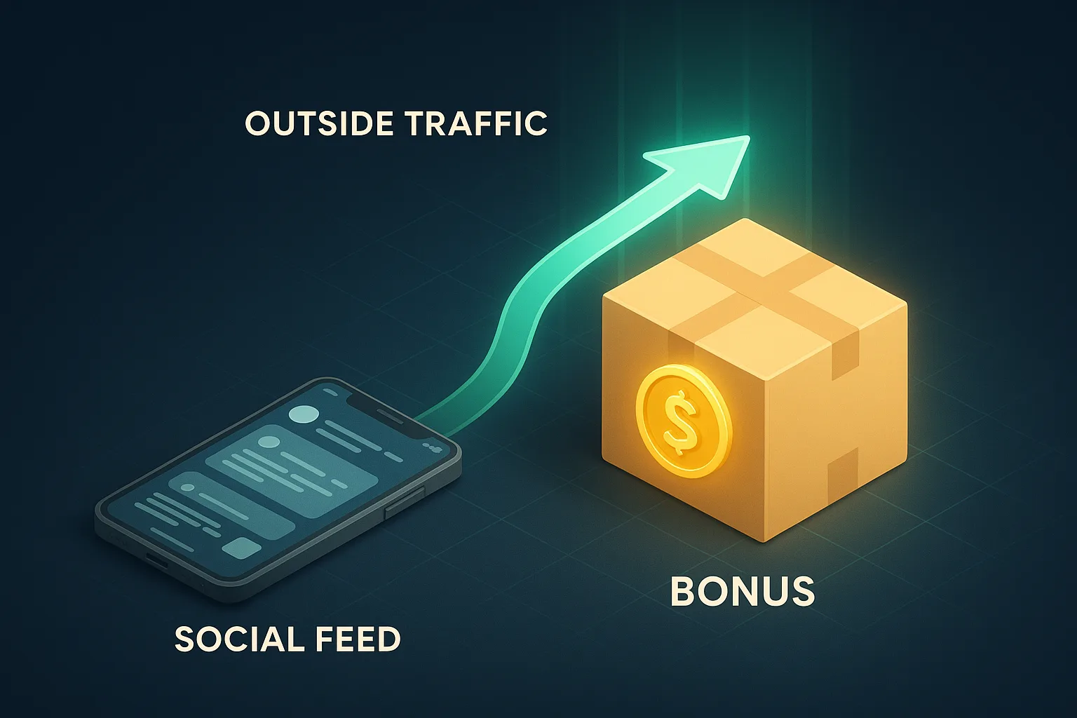 A glowing arrow travelling from a smartphone showing a social feed into a cardboard parcel marked with a glowing coin on a navy surface
